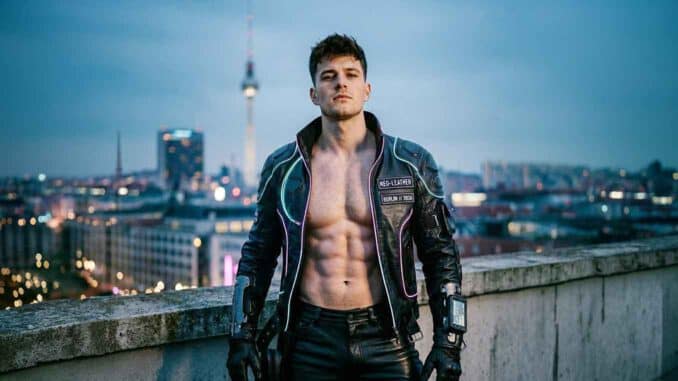 Junger Mann vor Berliner Fernsehturm mit Cyber Wearable